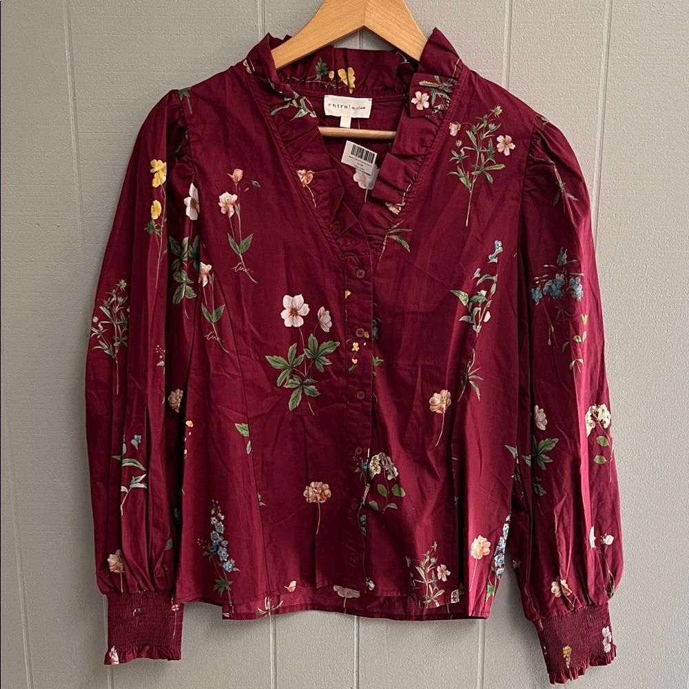 entro Burgundy Floral Ruffle-Trim Blouse